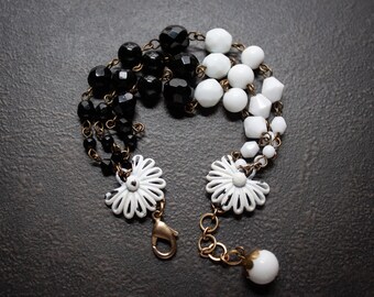 Black and White Graphic Vintage Beaded Assemblage Bracelet Chippy White Enamel  Multi Strand Mid Century Rosary Chain