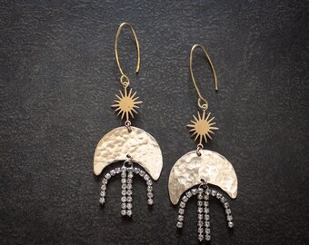 Hammered Brass Crescent Rhinestone Dangle Chandelier Earrings Retro Brass Starburst Modern Bohemian Boho