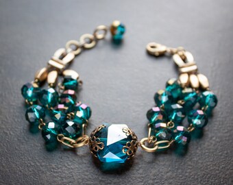 Chunky Teal Crystal Assemblage Bracelet Gold Beads Multi Strand Rosary Chain Mid Century Statement Bracelet