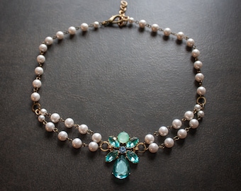 Edwardian Aqua Rhinestone Pearl Choker: Vintage Pendant Necklace