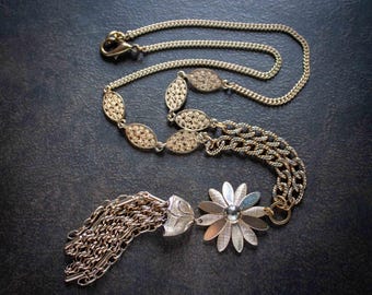 Gold Daisy Tassel Necklace: Mid-Century Modern Assemblage Necklace
