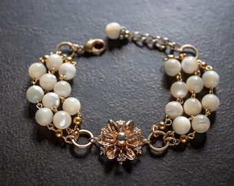 Mother of Pearl Assemblage Bracelet Multi Strand Vintage Gold Flower Mid Century