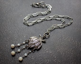 Vintage Silver Lotus Mother of Pearl Choker: Mid Century Modern Necklace