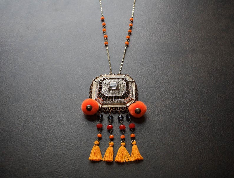Orange Festival Tassel Necklace Pom Pom Fringe Boho Vintage Rhinestone Rosary Chain Repurposed Brass Red Navy Crystal Beaded Camel Swag