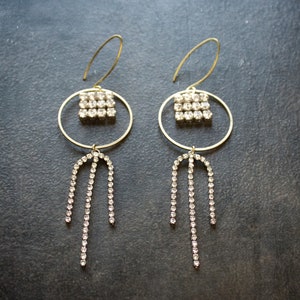 Rhinestone Chain Dangle Earrings: Brass Hoop Art Deco Style
