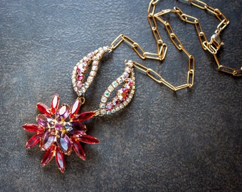 Ruby Rhinestone Chrysanthemum Assemblage Choker Necklace Brass Paper Clip Chain Edwardian Boho Modern Bohemian Upcycled Reworked Vintage