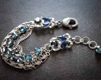 Sapphire Rhinestone Silver Curb Chain Multi Strand Assemblage Bracelet Steel Curb Chain Mid Century Blue Crystal Beads