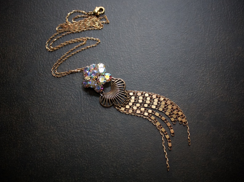 Rhinestone Cluster Chain Fringe Assemblage Necklace Vintage AB Rhinestone Flashy Scroll Chain Art Deco Edwardian