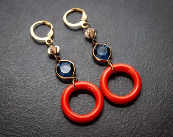 Retro Orange Acrylic Hoop Earrings Navy Rhinestones Mid Century Assemblage Earrings