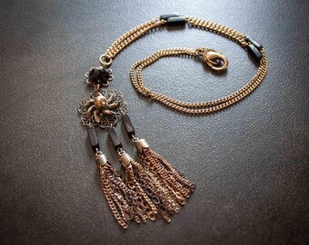 Gold Spiral Floral Tassel Vintage Assemblage Pendant Necklace Black Bar Beads Victorian Goth