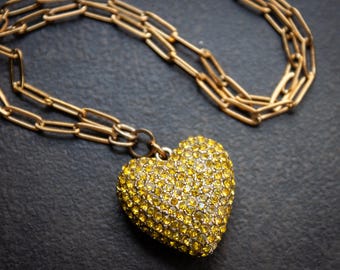 Yellow Rhinestone Heart Choker: Gold Paperclip Chain Necklace