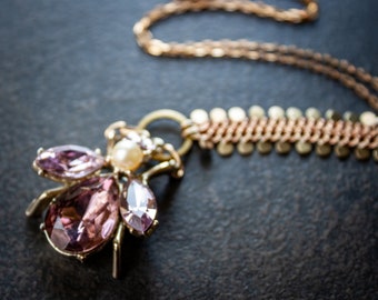 Vintage Lavender Rhinestone Bug Pendant Brass Geo Coin Chain Pearl Modern Bohemian Brass Vintage Assemblage