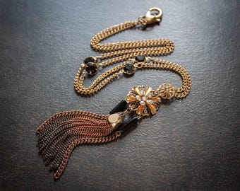 Victorian Ombre Tassel Necklace: Rhinestone Rosette, Black Bar Beads