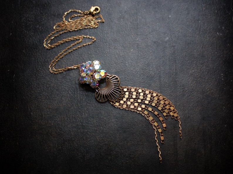 Rhinestone Cluster Chain Fringe Assemblage Necklace Vintage AB Rhinestone Flashy Scroll Chain Art Deco Edwardian