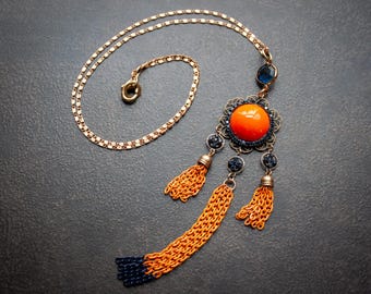 Vintage Orange Cabochon Tassel Necklace: Sapphire Blue Rhinestone Boho Jewelry
