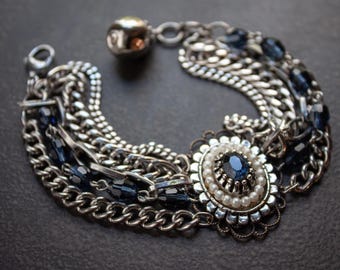 Sapphire Pearl Silver Assemblage Bracelet: Mid Century Navy Crystal Statement