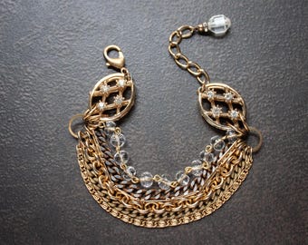 Vintage Gold Multi Chain Bracelet: Crystal Beaded Mid Century Assemblage