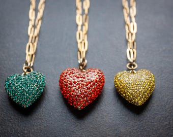 Aqua Rhinestone Heart Choker: Gold Paperclip Chain Necklace