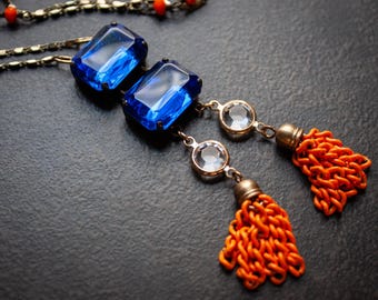 Sapphire Rhinestone Tassel Necklace: Bohemian Flapper Style, Orange Crystal Rosary Chain