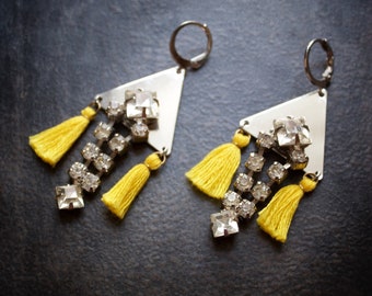 Yellow Tassel Rhinestone Earrings  Silver Vintage Assemblage Bohemian Fringe Festival Modern Edgy Chandeliers Upcycled Art Deco