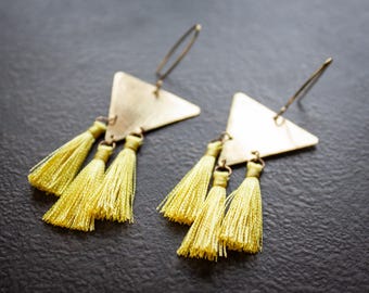 Hammered Brass Triangle Earrings: Bohemian Yellow Silk Tassel