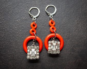 Retro Orange Acrylic Hoop Earrings Vintage Rhinestones Mid Century Assemblage Earrings