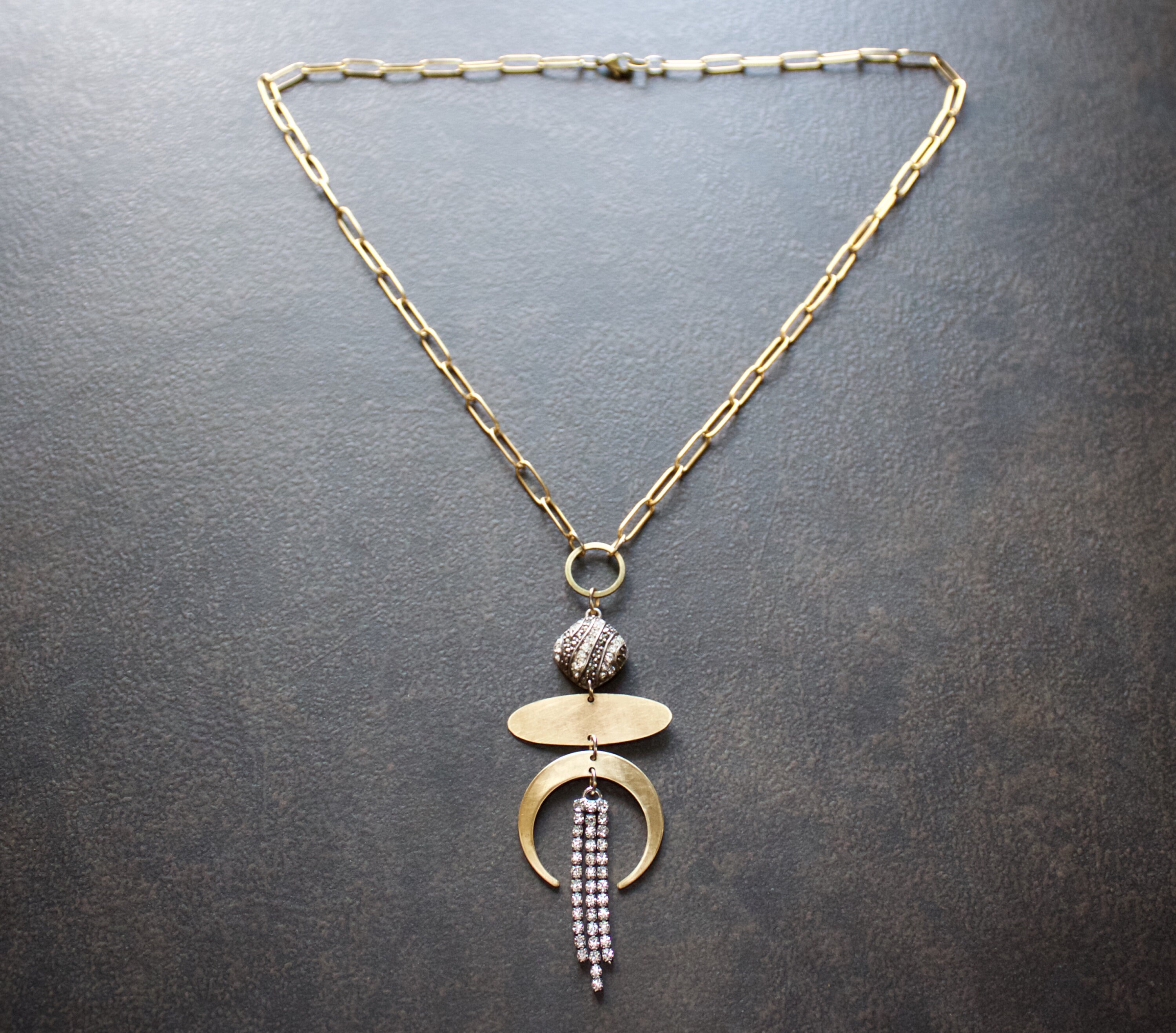 Boho Brass Crescent Rhinestone Chain Assemblage Necklace - Etsy