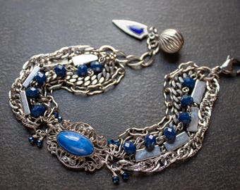 Vintage Blue Cabochon Silver Chain Bracelet: Mid Century Assemblage Jewelry