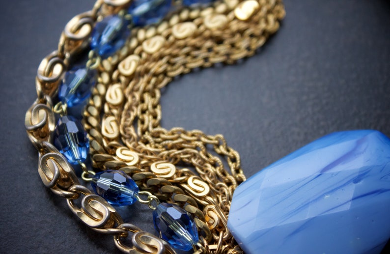 Century Blue Lace Agate Slab Vintage Gold Chain Bracelet Multi Strand Vintage Gold Chains Faceted Powder Blue Agate Blue Crystals Mid