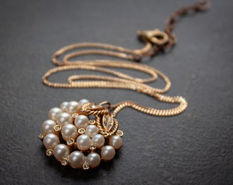 Vintage Pearl and Rhinestone Cluster Necklace Mid Century Upcycled Vintage Jewelry Flashy Brass Curb Chain