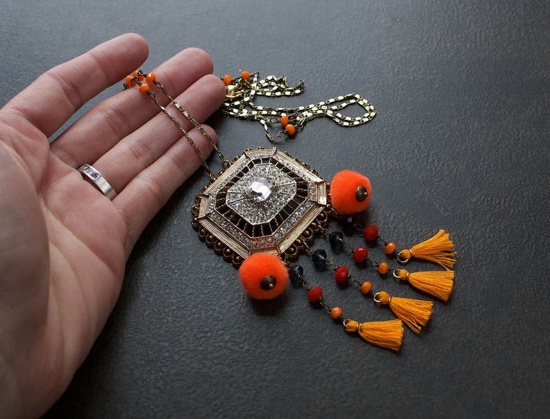 Orange Festival Tassel Necklace Pom Pom Fringe Boho Vintage Rhinestone Rosary Chain Repurposed Brass Red Navy Crystal Beaded Camel Swag