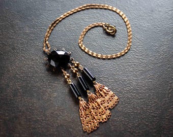 Black Faceted Dome Victorian Chain Tassel Assemblage Pendant Necklace Vintage Black Beads Edwardian Goth
