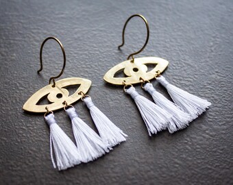 Hammered Brass Evil Eye White Tassel Earrings Modern Bohemian Boho Chic Earrings