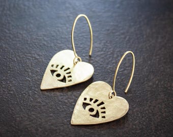 Hand Pierced Brass Evil Eye Heart Earrings: Hammered Brass Boho Jewelry