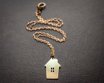 Hand Sawn Brass House Pendant Necklace Satin Finish Modern Minimalist Tiny Cottage