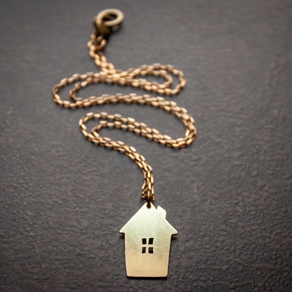 Hand Sawn Brass House Pendant Necklace Satin Finish Modern Minimalist Tiny Cottage