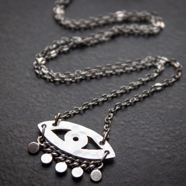 Hammered Silver Evil Eye Necklace Modern Bohemian Dainty Hand Sawn Pierced Metal