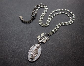 Virgin Mary Medal Necklace: Vintage Silver Chevron Chain, Religious Pendant