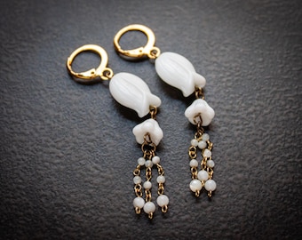 Vintage White Glass Tulip Earrings: Mother of Pearl Dangles