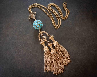Turquoise Rhinestone Ball Tassel Necklace: Vintage Gold Chain, Art Nouveau Style