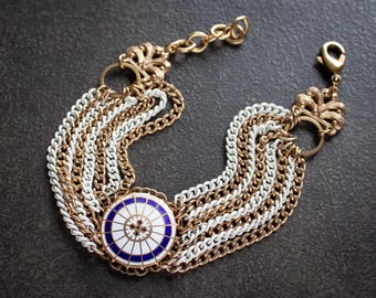 Vintage Blue Mandala Bracelet: White Enameled Brass Chain, Mid Century Statement