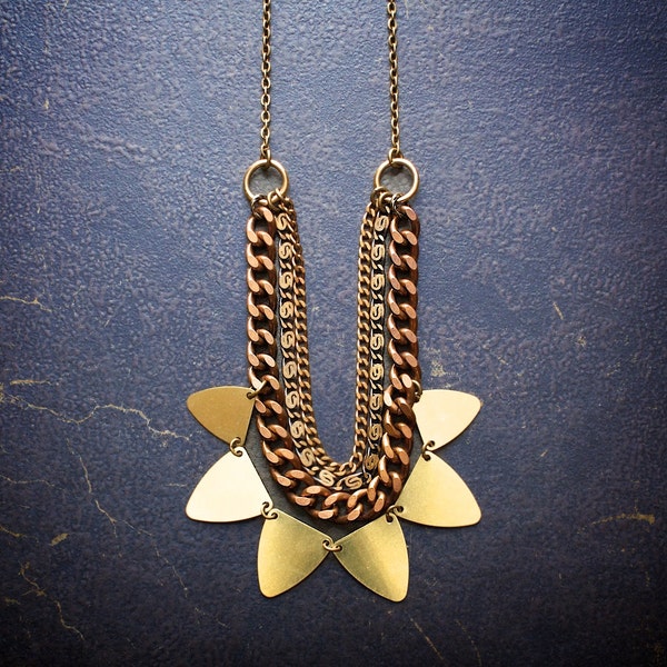 Industrial Multi Strand Chain Necklace with Copper Curb Chains and Raw Brass Paddle links