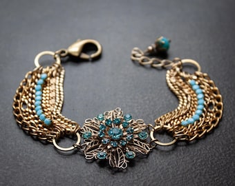 Aquamarine Rhinestone Gold Chain Bracelet: Mid Century Turquoise Statement Jewelry