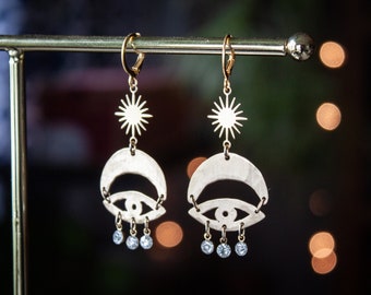 Hammered Brass Evil Eye Earrings: Bohemian Rhinestone Dangles