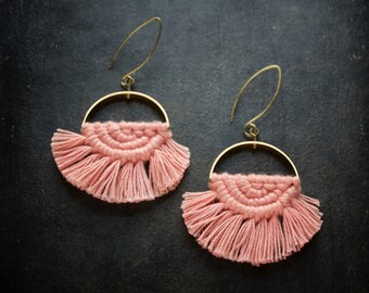 Pink Macrame Saddle Earrings Boho Fringe Brass Geometric Semicircle Hand Knotted Hand Forged Boho Bohemian Summer Earrings Blush