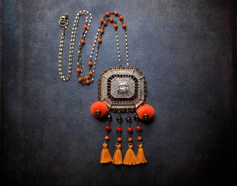 Orange Festival Tassel Necklace Pom Pom Fringe Boho Vintage Rhinestone Rosary Chain Repurposed Brass Red Navy Crystal Beaded Camel Swag