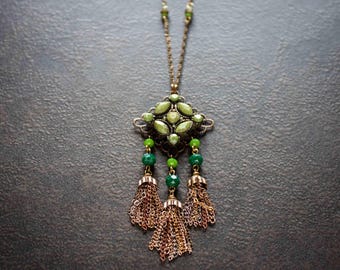 Victorian Olive Green Rhinestone Tassel Pendant Necklace, 24"