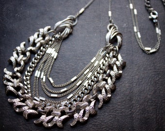 Mid Century Silver Chain Bib Necklace: Textured Ribbon Link, Layered Curb Chains