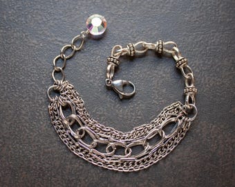 Vintage Silver Chain Bracelet: Mid Century Assemblage with Crystal Bead