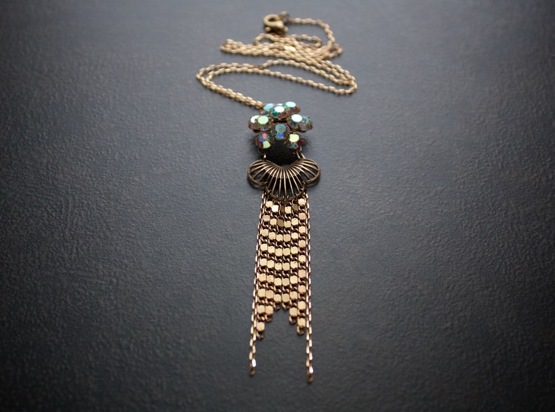 Rhinestone Cluster Chain Fringe Assemblage Necklace Vintage AB Rhinestone Flashy Scroll Chain Art Deco Edwardian